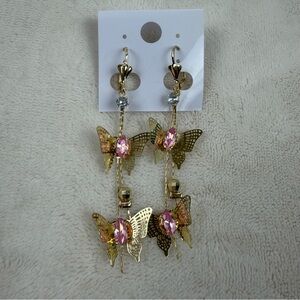 Gold Tone Butterfly Dangle Clip On Earrings